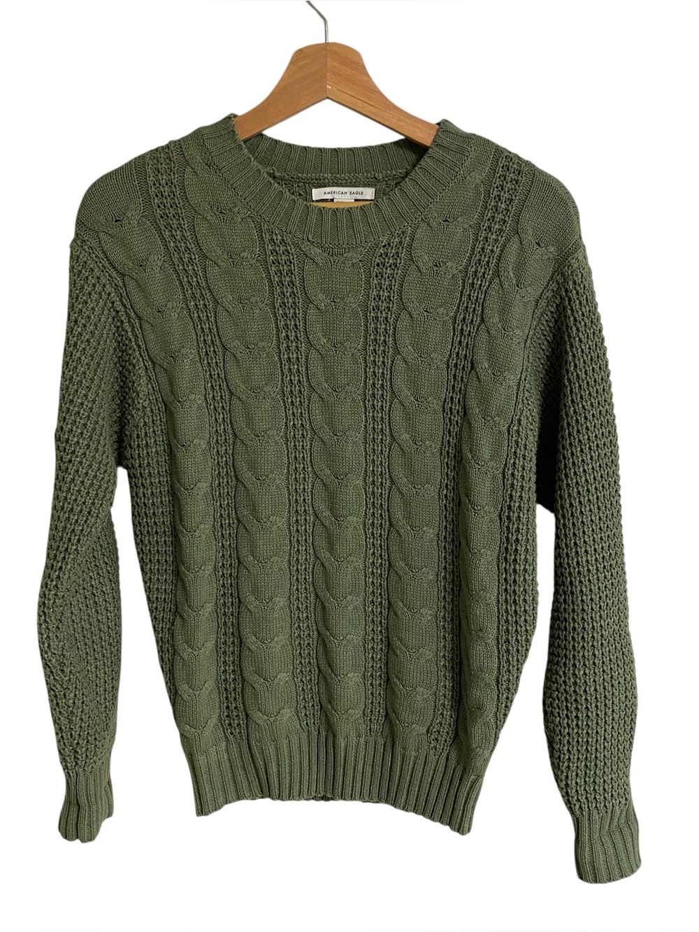 American Eagle olive green cable knit chunky winter cozy sweater size XS